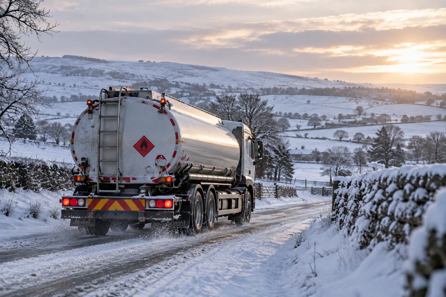 Heating oil tanker driving on a snowy country road in winter