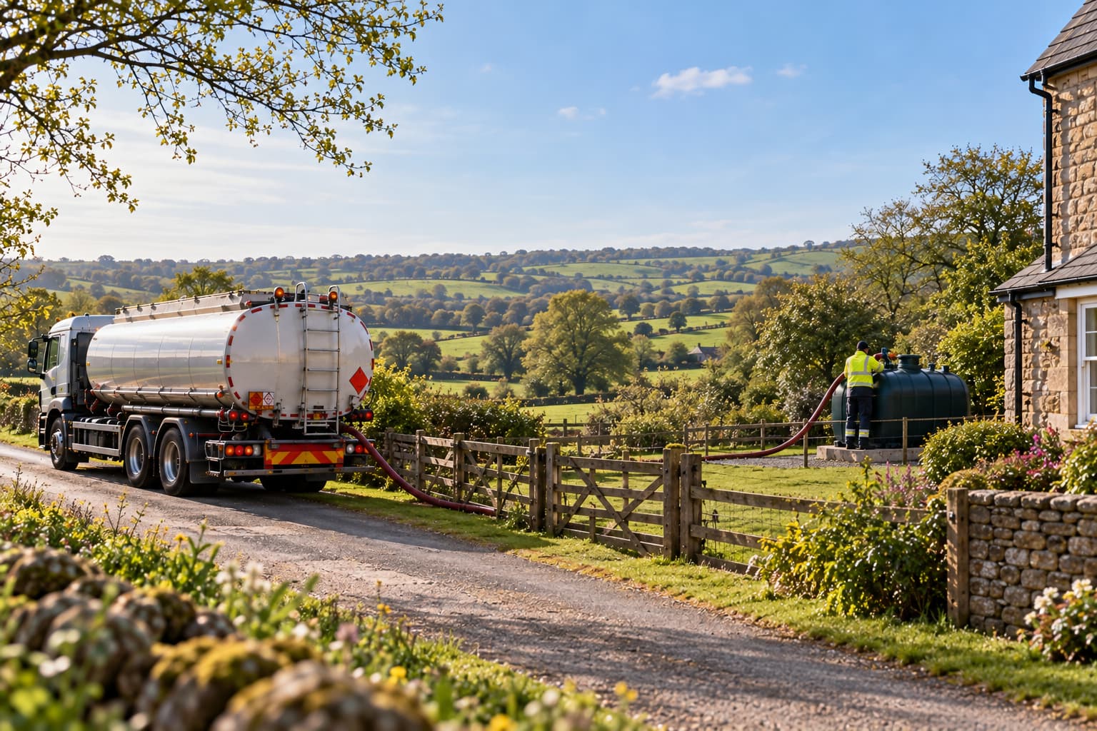 Heating oil tanker delivering to a rural home in the UK